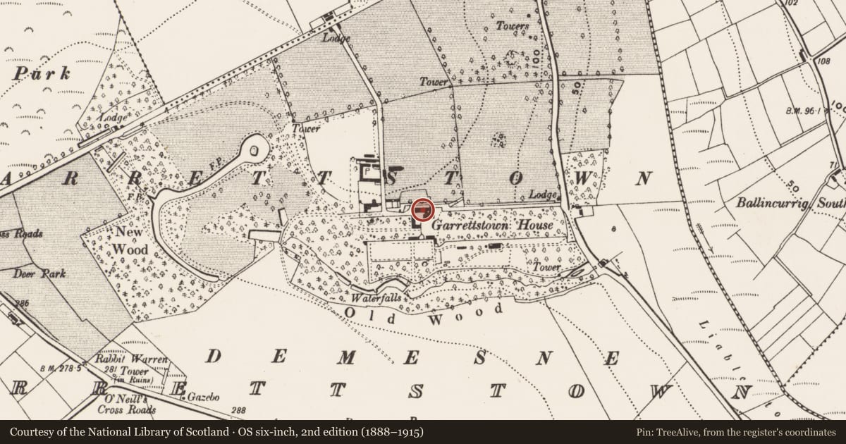 Ordnance Survey six-inch map, 2nd edition (1888–1915) covering the location of Country house, Garrettstown, County Cork, with a pin at the register's coordinates