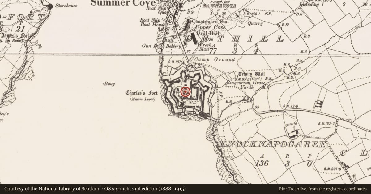Ordnance Survey six-inch map, 2nd edition (1888–1915) covering the location of Bastioned fort, Forthill, County Cork, with a pin at the register's coordinates