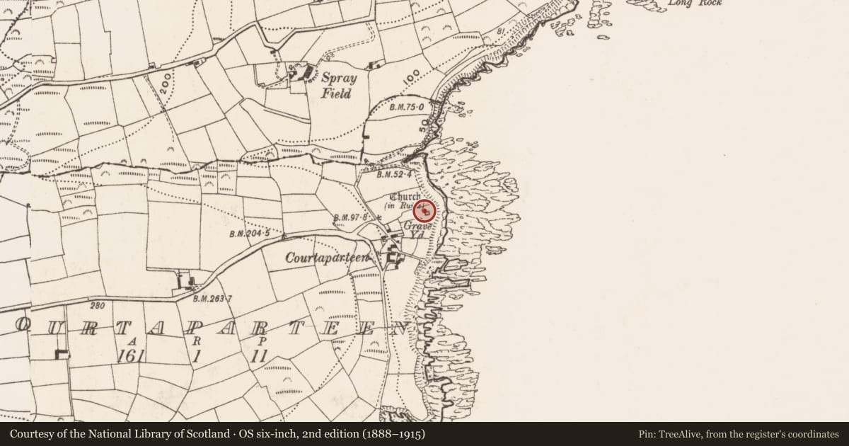 Ordnance Survey six-inch map, 2nd edition (1888–1915) covering the location of Church, Courtaparteen, County Cork, with a pin at the register's coordinates