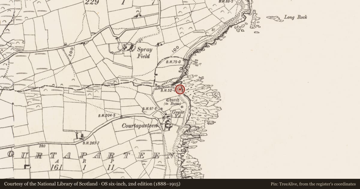 Ordnance Survey six-inch map, 2nd edition (1888–1915) covering the location of Mass-rock, Courtaparteen, County Cork, with a pin at the register's coordinates