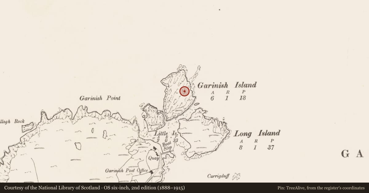 Ordnance Survey six-inch map, 2nd edition (1888–1915) covering the location of Souterrain, Garinish (Bear By., Kilnamanagh Par.), County Cork, with a pin at the register's coordinates