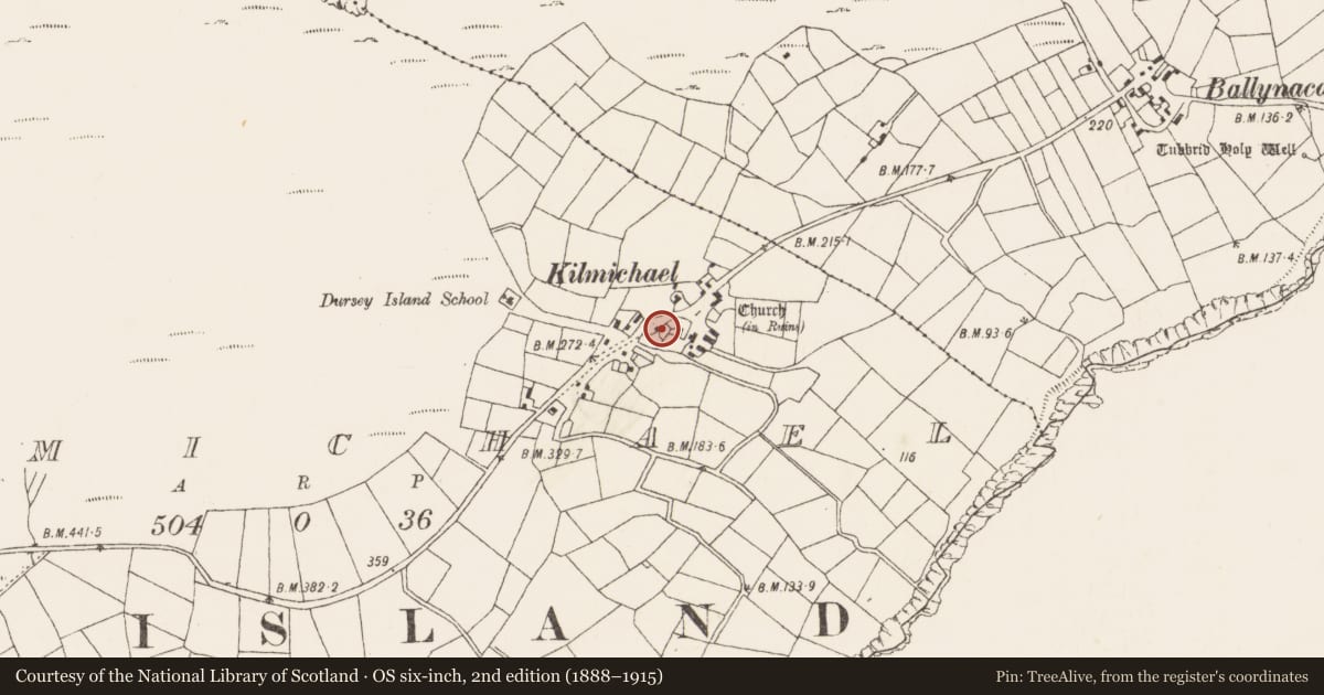 Ordnance Survey six-inch map, 2nd edition (1888–1915) covering the location of Bullaun stone, Kilmichael (Dursey Island), County Cork, with a pin at the register's coordinates