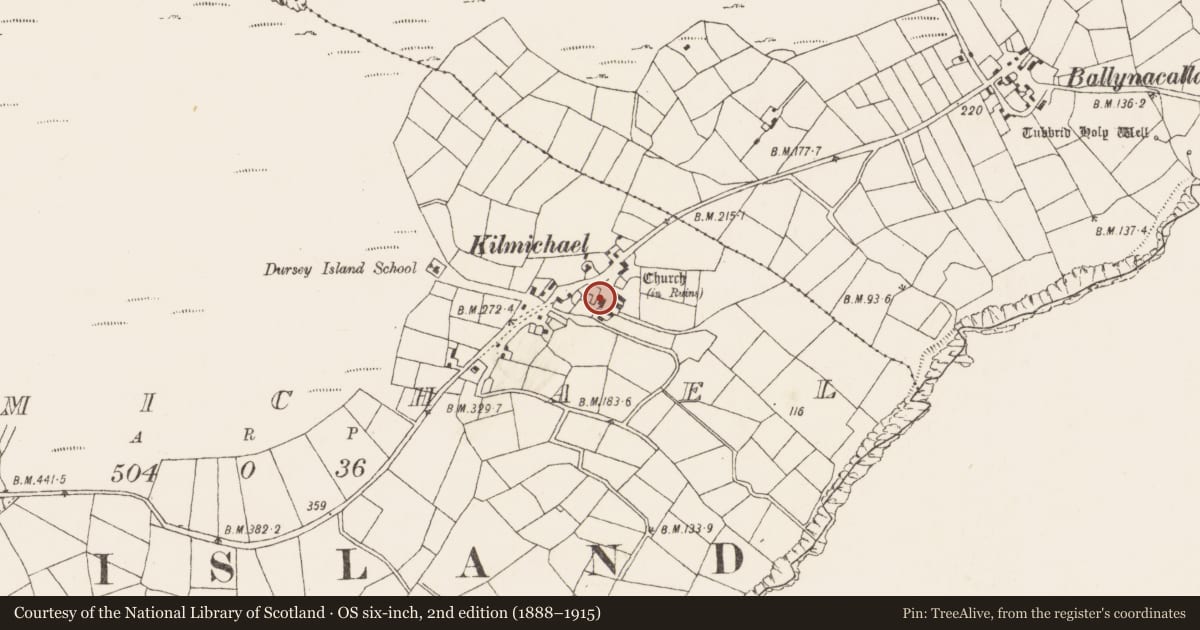 Ordnance Survey six-inch map, 2nd edition (1888–1915) covering the location of Burial ground, Kilmichael (Dursey Island), County Cork, with a pin at the register's coordinates