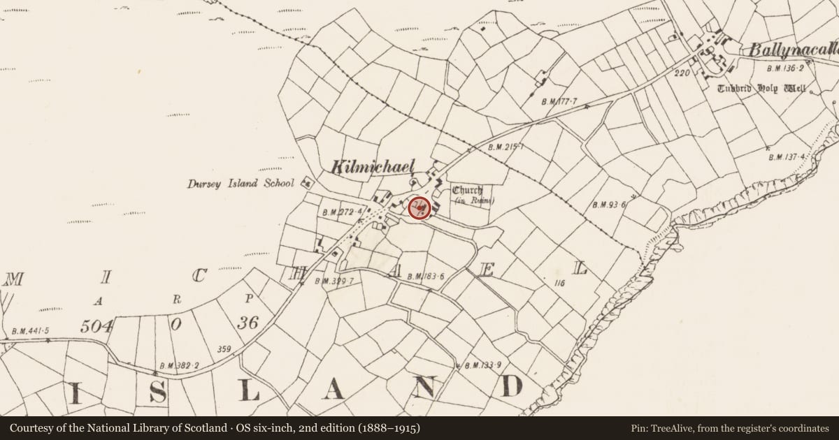 Ordnance Survey six-inch map, 2nd edition (1888–1915) covering the location of Church, Kilmichael (Dursey Island), County Cork, with a pin at the register's coordinates