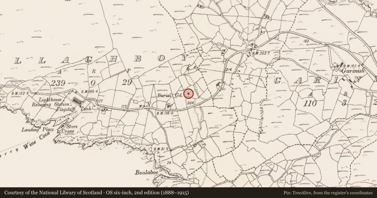 Ordnance Survey six-inch map, 2nd edition (1888–1915) covering the location of Burial ground, Ballaghboy, County Cork, with a pin at the register's coordinates