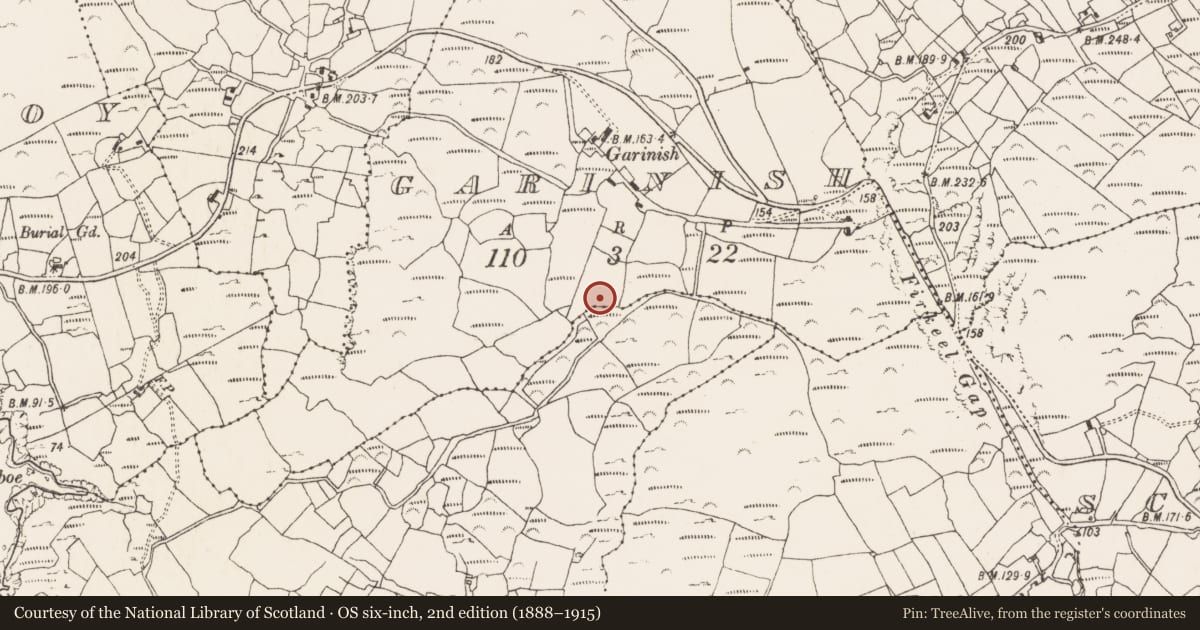 Ordnance Survey six-inch map, 2nd edition (1888–1915) covering the location of Boulder-burial, Garinish (Bear By., Kilnamanagh Par.), County Cork, with a pin at the register's coordinates