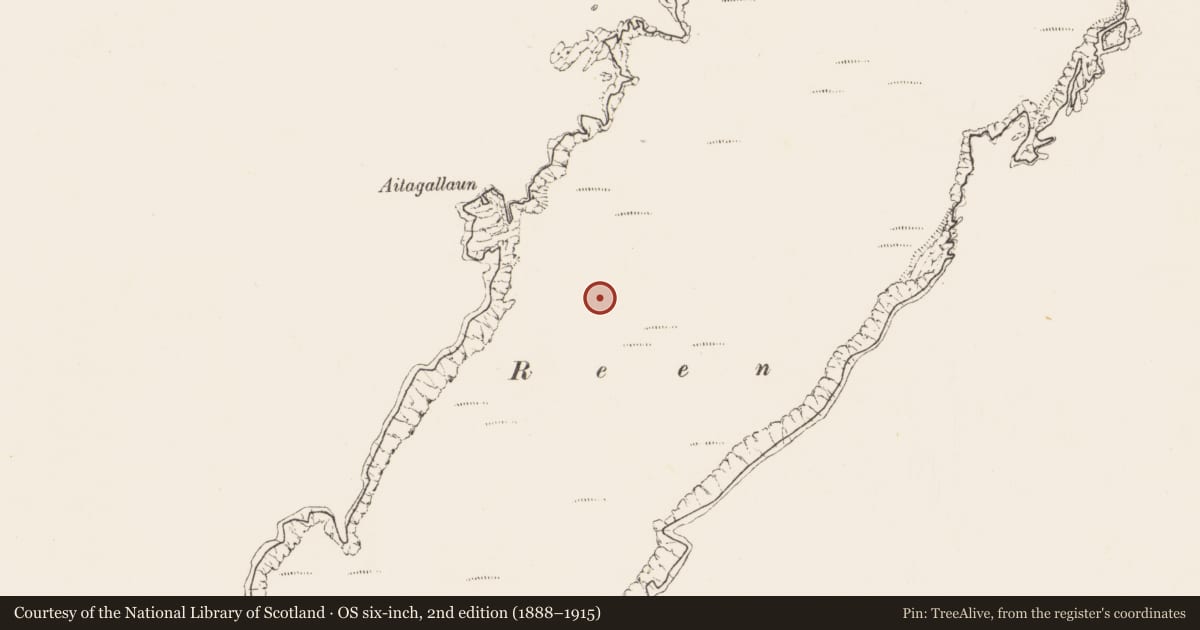 Ordnance Survey six-inch map, 2nd edition (1888–1915) covering the location of Enclosure, Ballynacarriga, County Cork, with a pin at the register's coordinates