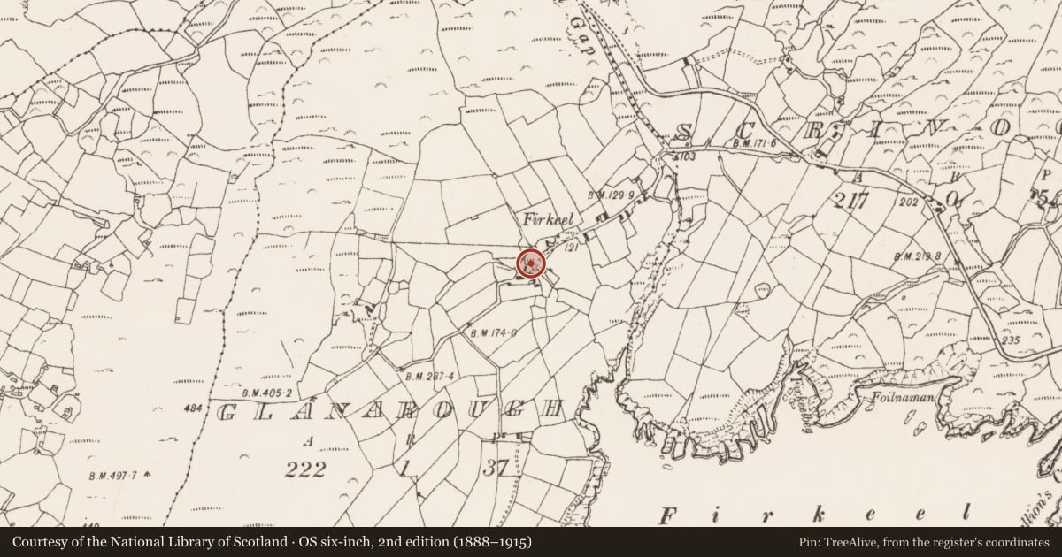 Ordnance Survey six-inch map, 2nd edition (1888–1915) covering the location of Mass-rock, Glanarough, County Cork, with a pin at the register's coordinates