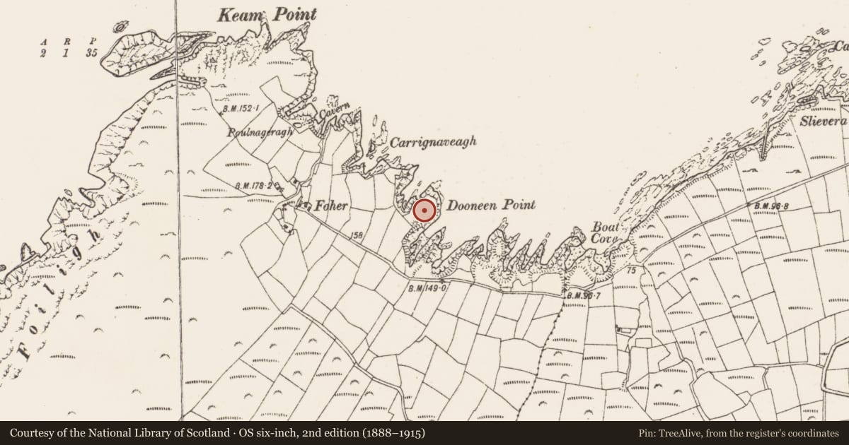 Ordnance Survey six-inch map, 2nd edition (1888–1915) covering the location of Promontory fort - coastal, Cloghfune, County Cork, with a pin at the register's coordinates