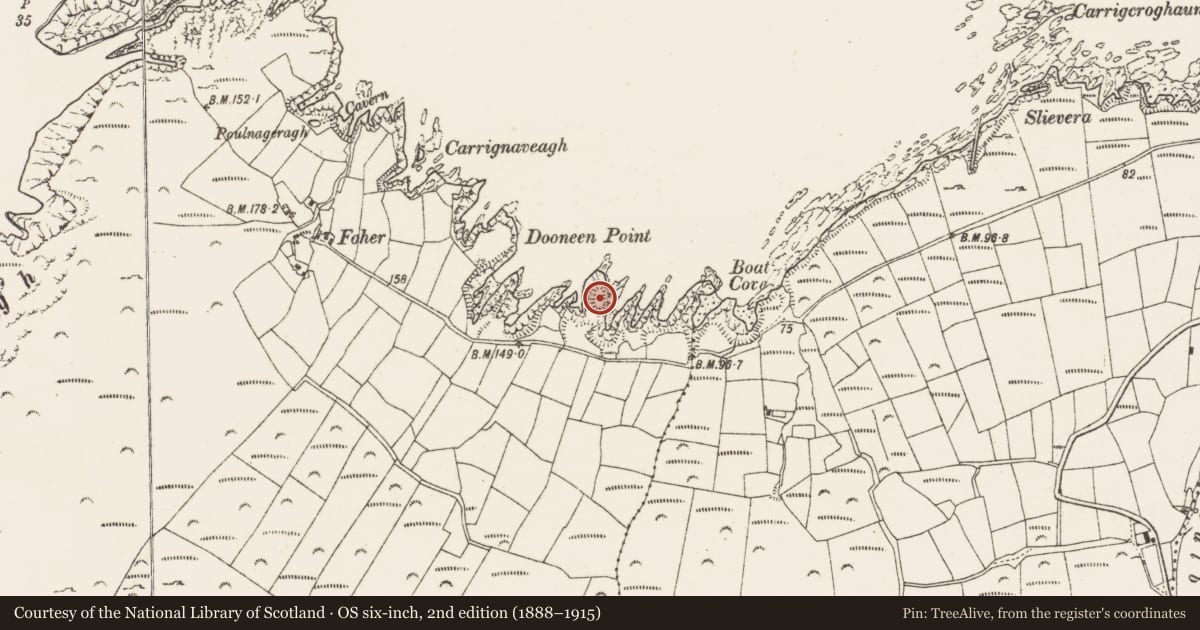 Ordnance Survey six-inch map, 2nd edition (1888–1915) covering the location of Promontory fort - coastal, Cloghfune, County Cork, with a pin at the register's coordinates