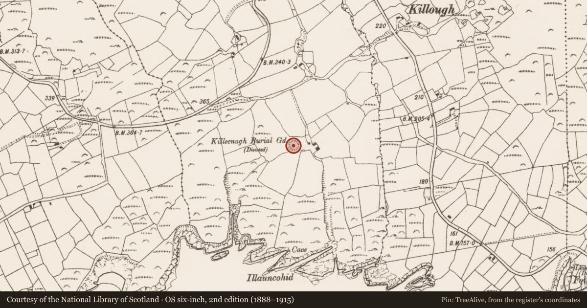 Ordnance Survey six-inch map, 2nd edition (1888–1915) covering the location of Burial ground, Killough West, County Cork, with a pin at the register's coordinates