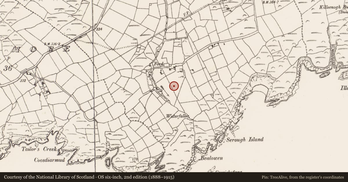 Ordnance Survey six-inch map, 2nd edition (1888–1915) covering the location of Children's burial ground, Cloghfune, County Cork, with a pin at the register's coordinates