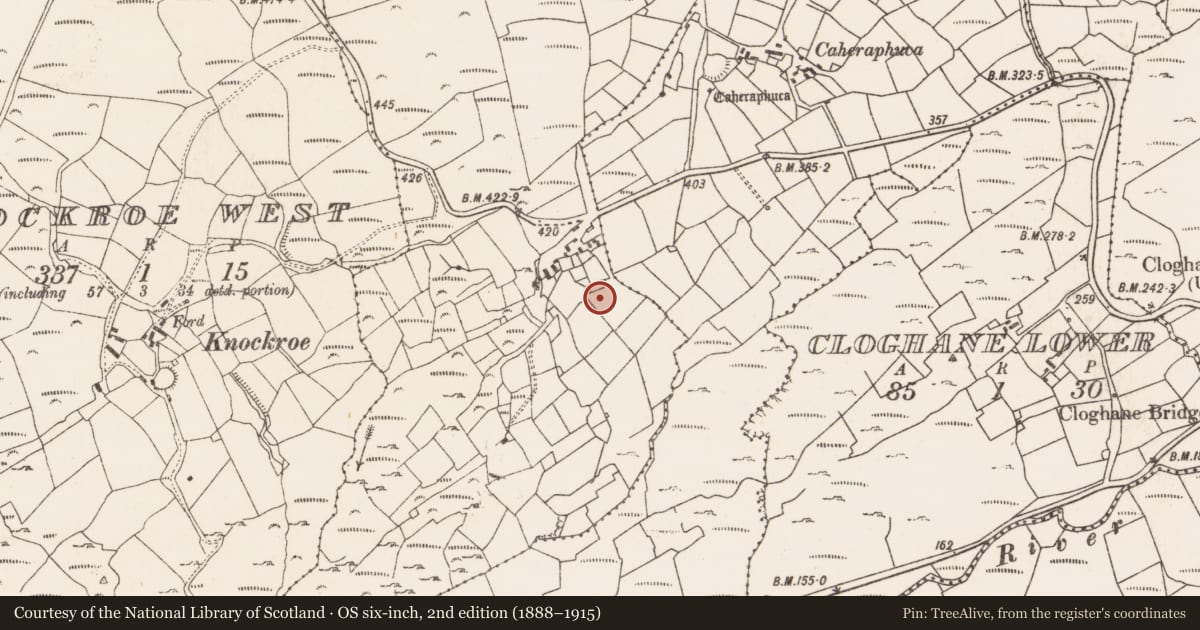 Ordnance Survey six-inch map, 2nd edition (1888–1915) covering the location of Children's burial ground, Knockroe Middle, County Cork, with a pin at the register's coordinates