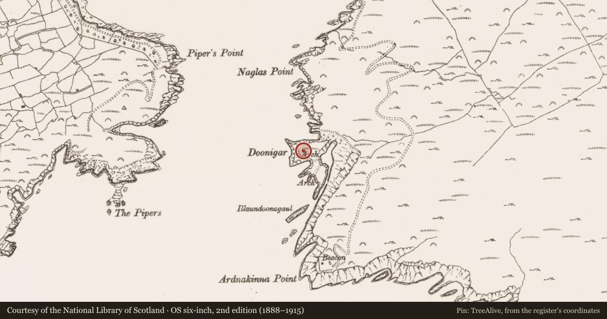 Ordnance Survey six-inch map, 2nd edition (1888–1915) covering the location of Promontory fort - coastal, Derrycreeveen, County Cork, with a pin at the register's coordinates
