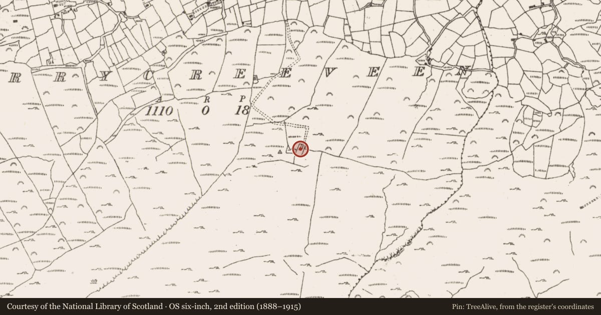 Ordnance Survey six-inch map, 2nd edition (1888–1915) covering the location of Signal tower, Derrycreeveen, County Cork, with a pin at the register's coordinates