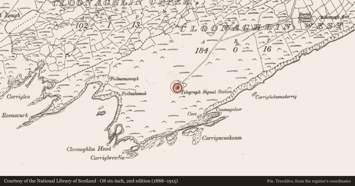 Ordnance Survey six-inch map, 2nd edition (1888–1915) covering the location of Martello tower, Cloonaghlin West, County Cork, with a pin at the register's coordinates