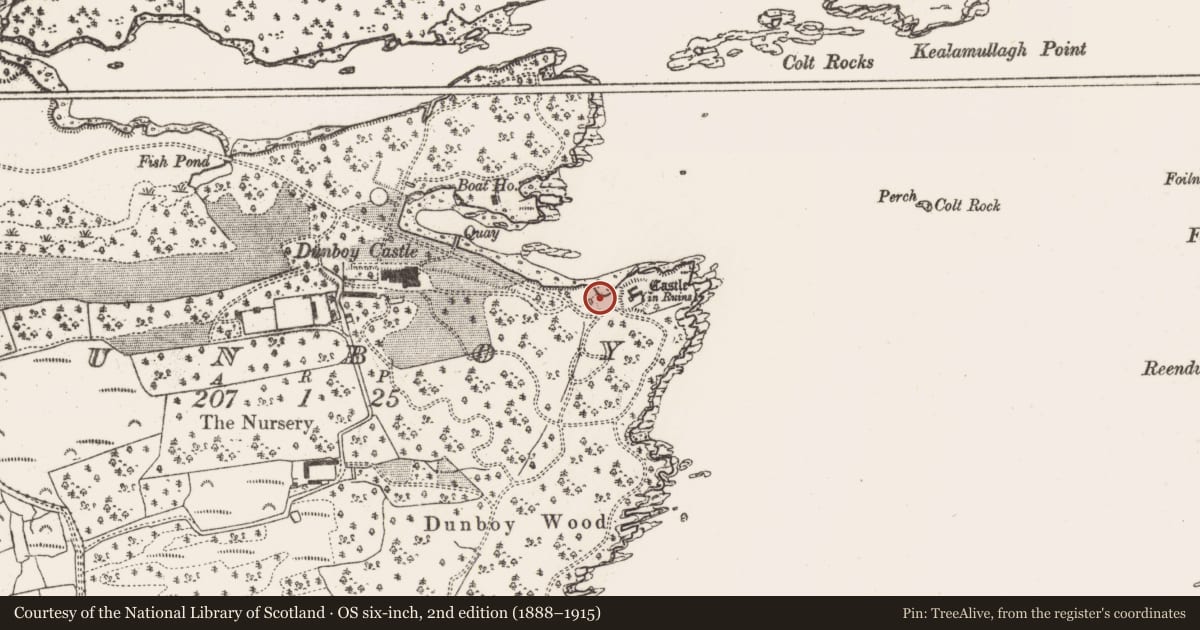 Ordnance Survey six-inch map, 2nd edition (1888–1915) covering the location of Sea wall, Dunboy, County Cork, with a pin at the register's coordinates