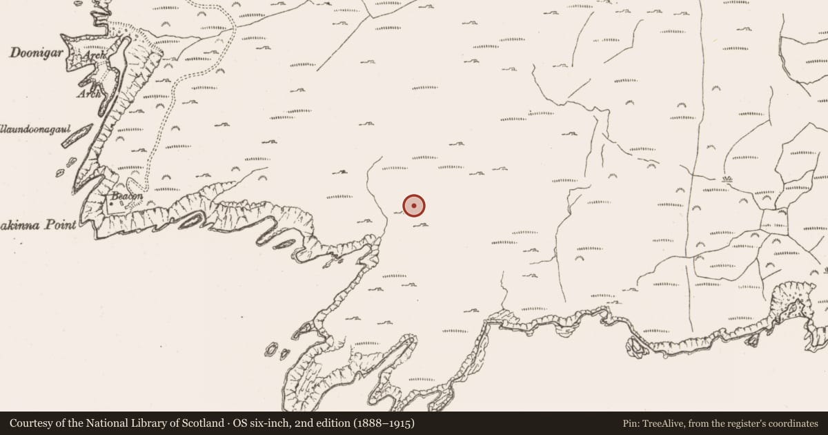 Ordnance Survey six-inch map, 2nd edition (1888–1915) covering the location of Hut site, Derrycreeveen, County Cork, with a pin at the register's coordinates