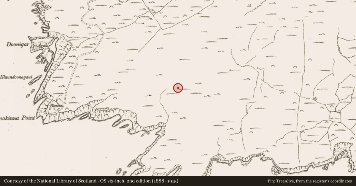 Ordnance Survey six-inch map, 2nd edition (1888–1915) covering the location of Enclosure, Derrycreeveen, County Cork, with a pin at the register's coordinates