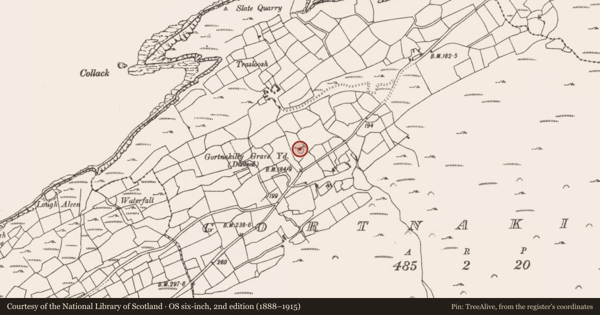 Ordnance Survey six-inch map, 2nd edition (1888–1915) covering the location of Burial ground, Gortnakilly, County Cork, with a pin at the register's coordinates