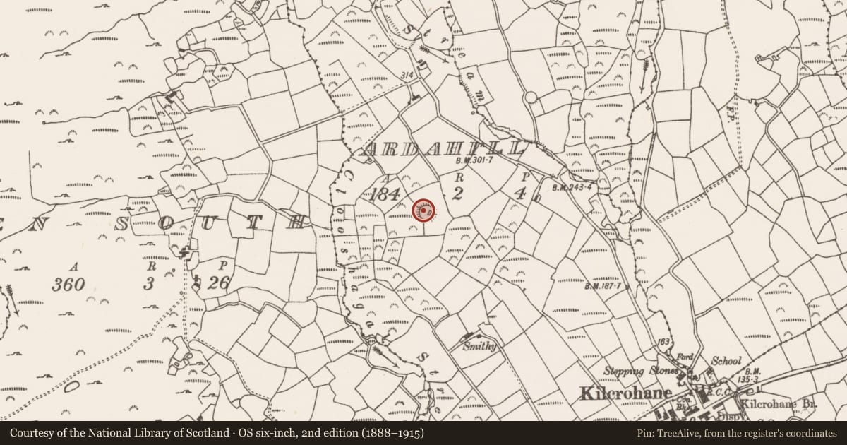 Ordnance Survey six-inch map, 2nd edition (1888–1915) covering the location of Ringfort - rath, Ardahill, County Cork, with a pin at the register's coordinates