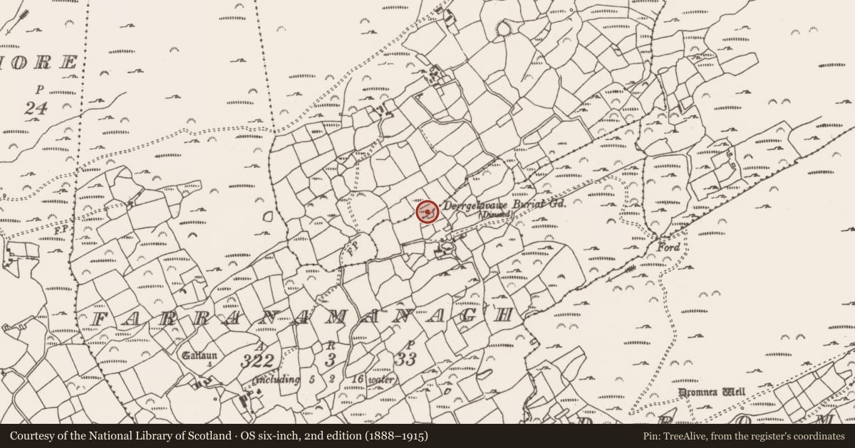 Ordnance Survey six-inch map, 2nd edition (1888–1915) covering the location of Burial ground, Farranamanagh, County Cork, with a pin at the register's coordinates