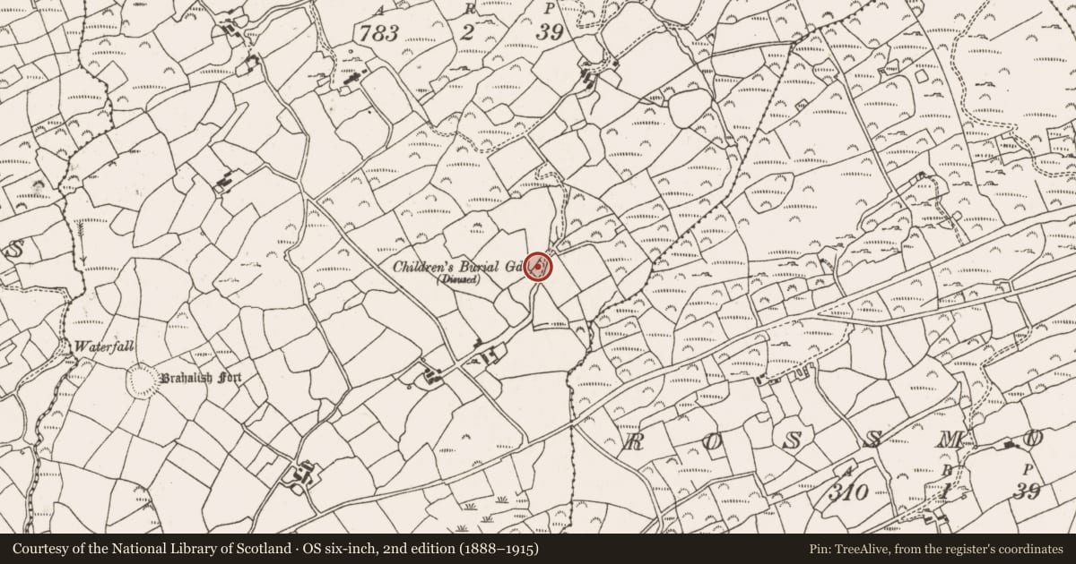 Ordnance Survey six-inch map, 2nd edition (1888–1915) covering the location of Burial ground, Brahalish, County Cork, with a pin at the register's coordinates
