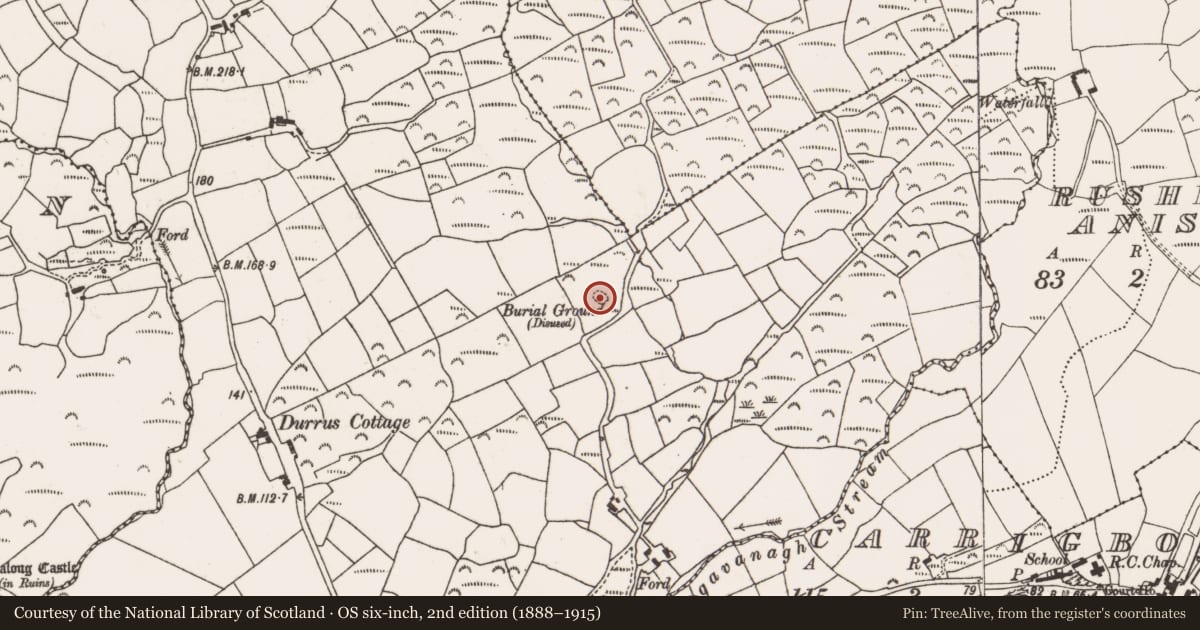 Ordnance Survey six-inch map, 2nd edition (1888–1915) covering the location of Burial ground, Clashadoo, County Cork, with a pin at the register's coordinates