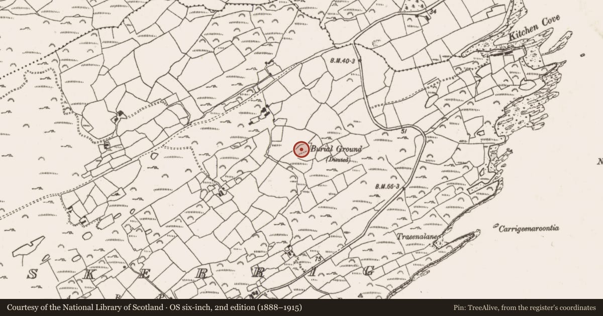 Ordnance Survey six-inch map, 2nd edition (1888–1915) covering the location of Burial ground, Rosskerrig, County Cork, with a pin at the register's coordinates
