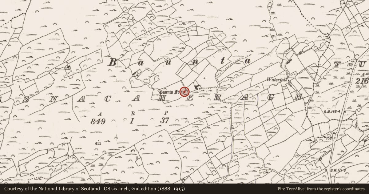 Ordnance Survey six-inch map, 2nd edition (1888–1915) covering the location of Ringfort - rath, Rossnacaheragh, County Cork, with a pin at the register's coordinates