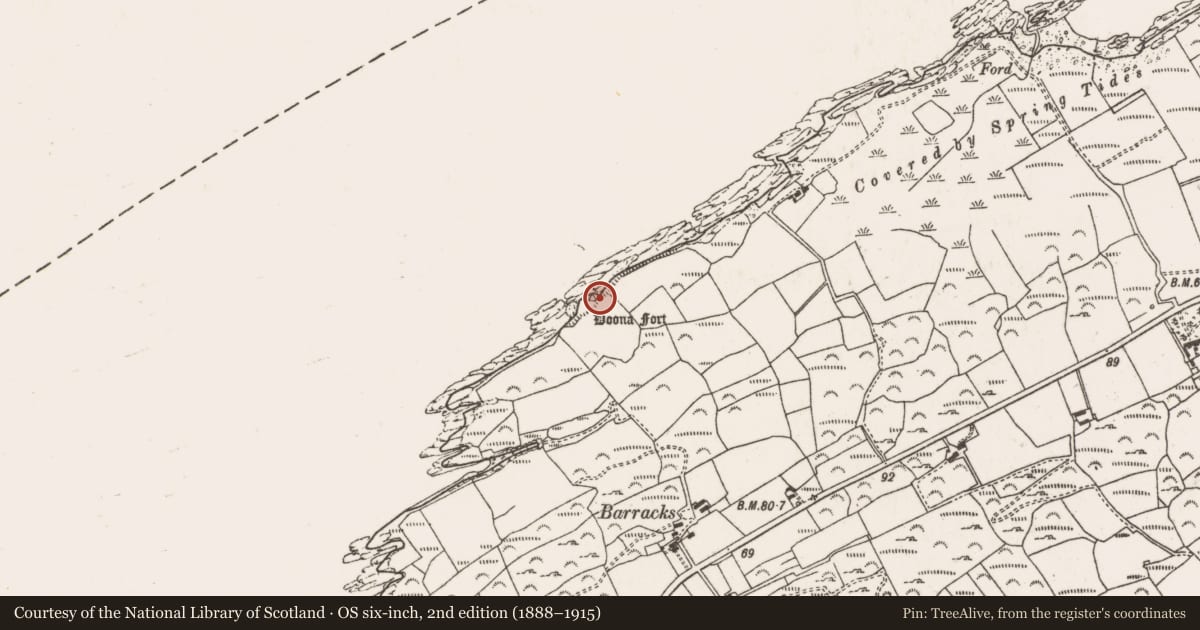 Ordnance Survey six-inch map, 2nd edition (1888–1915) covering the location of Souterrain, Dunbeacon, County Cork, with a pin at the register's coordinates