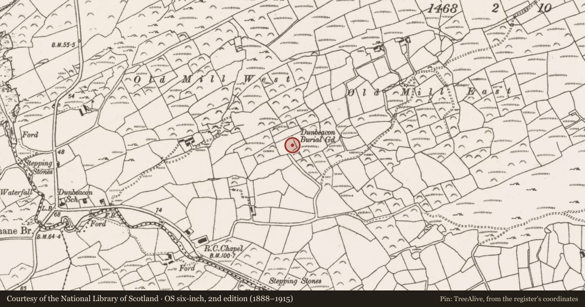 Ordnance Survey six-inch map, 2nd edition (1888–1915) covering the location of Burial ground, Dunbeacon, County Cork, with a pin at the register's coordinates