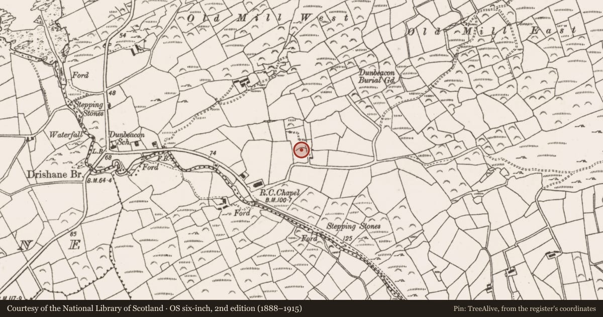 Ordnance Survey six-inch map, 2nd edition (1888–1915) covering the location of Souterrain, Dunbeacon, County Cork, with a pin at the register's coordinates