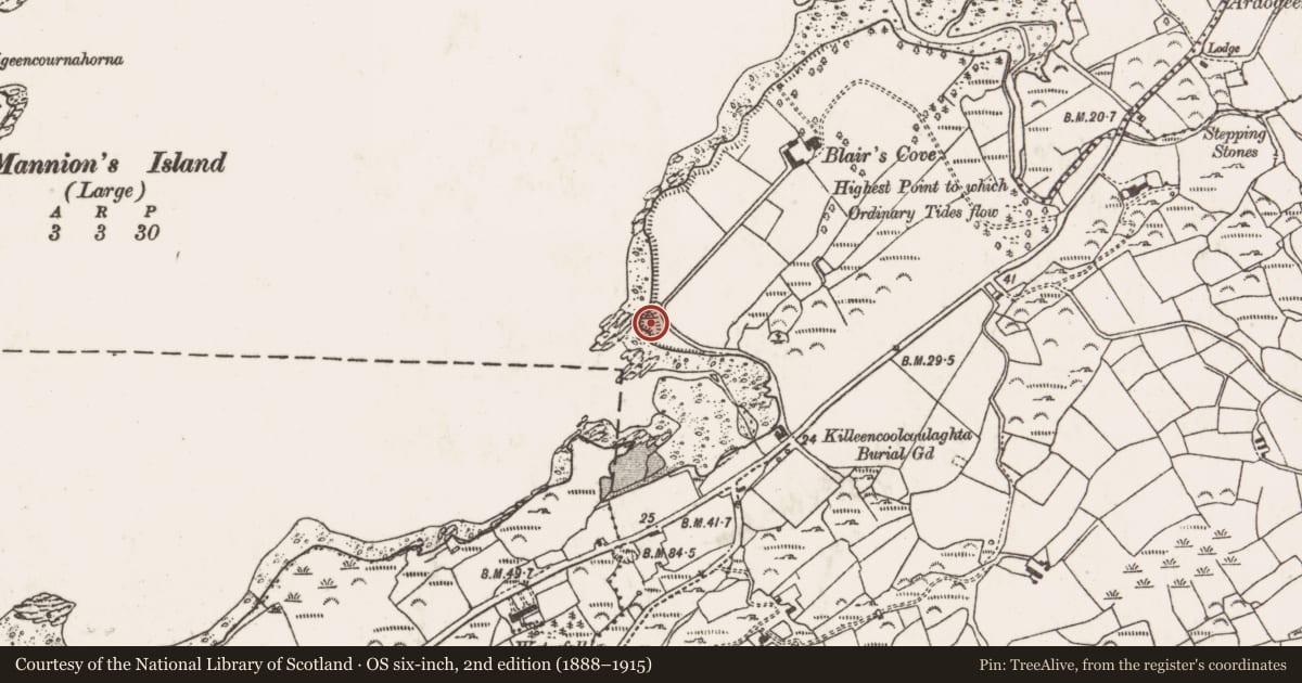 Ordnance Survey six-inch map, 2nd edition (1888–1915) covering the location of Promontory fort - coastal, Coolcoulaghta, County Cork, with a pin at the register's coordinates