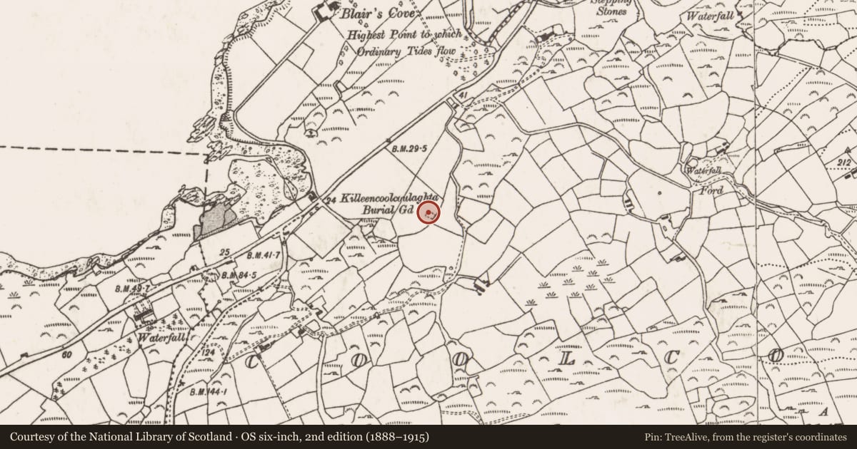 Ordnance Survey six-inch map, 2nd edition (1888–1915) covering the location of Burial ground, Coolcoulaghta, County Cork, with a pin at the register's coordinates