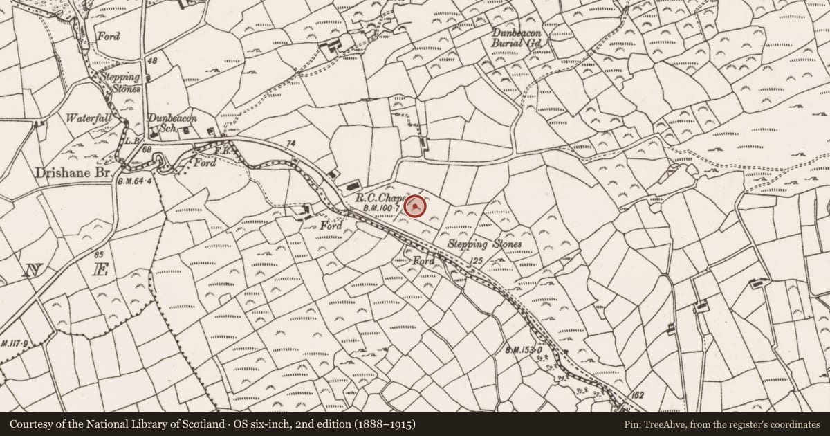 Ordnance Survey six-inch map, 2nd edition (1888–1915) covering the location of Fulacht fia, Dunbeacon, County Cork, with a pin at the register's coordinates