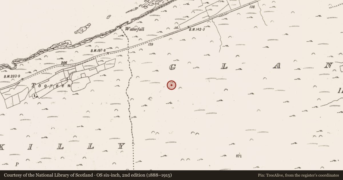 Ordnance Survey six-inch map, 2nd edition (1888–1915) covering the location of Hut site, Glanlough (Carbery West (W.D) By., Kilcrohane Par.), County Cork, with a pin at the register's coordinates