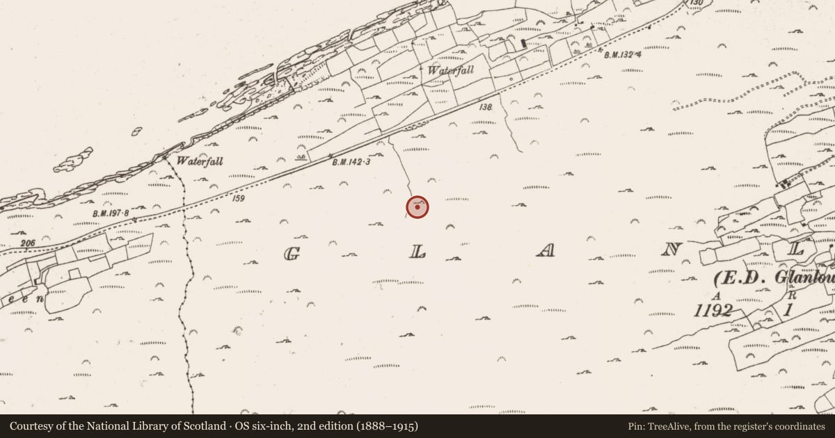 Ordnance Survey six-inch map, 2nd edition (1888–1915) covering the location of Radial-stone enclosure, Glanlough (Carbery West (W.D) By., Kilcrohane Par.), County Cork, with a pin at the register's coordinates