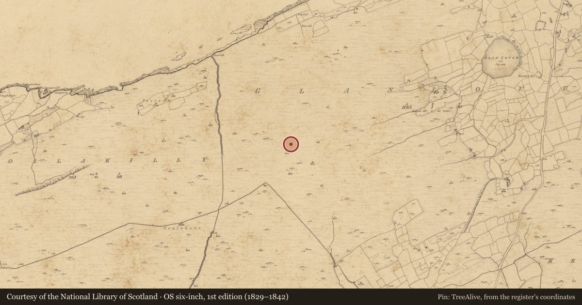 Ordnance Survey six-inch map, 1st edition (1829–1842) covering the location of Hut site, Glanlough (Carbery West (W.D) By., Kilcrohane Par.), County Cork, with a pin at the register's coordinates