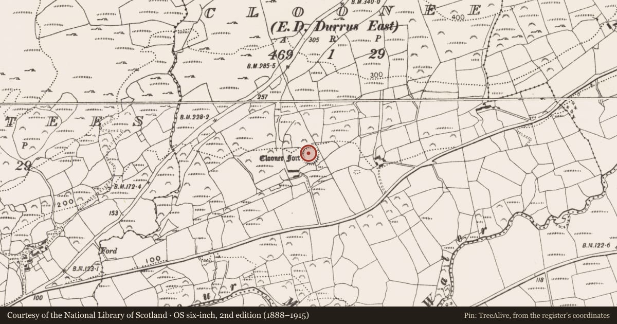 Ordnance Survey six-inch map, 2nd edition (1888–1915) covering the location of Ringfort - rath, Cloonee (Carbery W. (W.D.) By., Durrus Par.), County Cork, with a pin at the register's coordinates