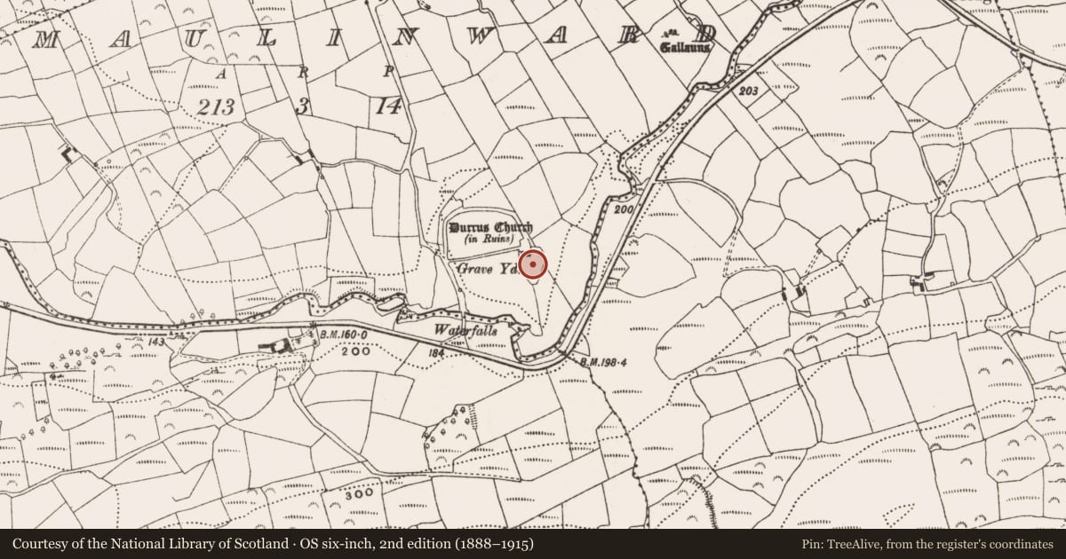 Ordnance Survey six-inch map, 2nd edition (1888–1915) covering the location of Graveyard, Maulinward, County Cork, with a pin at the register's coordinates