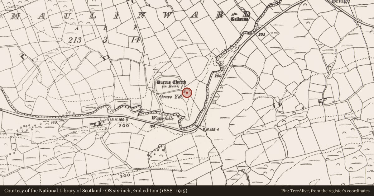 Ordnance Survey six-inch map, 2nd edition (1888–1915) covering the location of Cross-slab, Maulinward, County Cork, with a pin at the register's coordinates