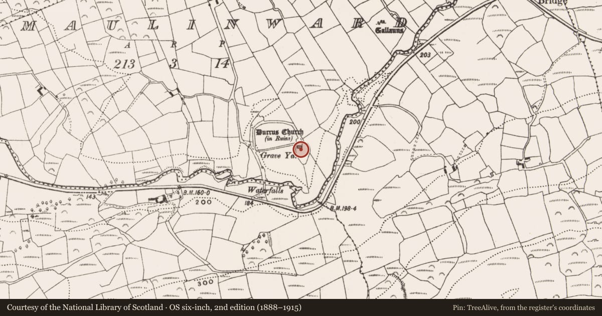 Ordnance Survey six-inch map, 2nd edition (1888–1915) covering the location of Bullaun stone, Maulinward, County Cork, with a pin at the register's coordinates