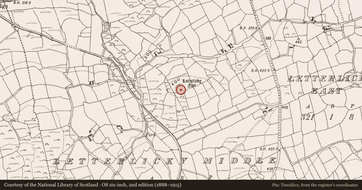 Ordnance Survey six-inch map, 2nd edition (1888–1915) covering the location of Hut site, Letterlicky Middle, County Cork, with a pin at the register's coordinates