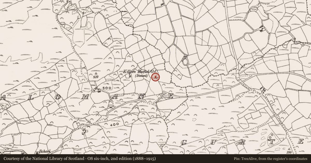 Ordnance Survey six-inch map, 2nd edition (1888–1915) covering the location of Burial ground, Derreennalomane, County Cork, with a pin at the register's coordinates