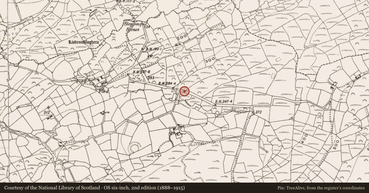 Ordnance Survey six-inch map, 2nd edition (1888–1915) covering the location of Boulder-burial, Coolcoulaghta, County Cork, with a pin at the register's coordinates
