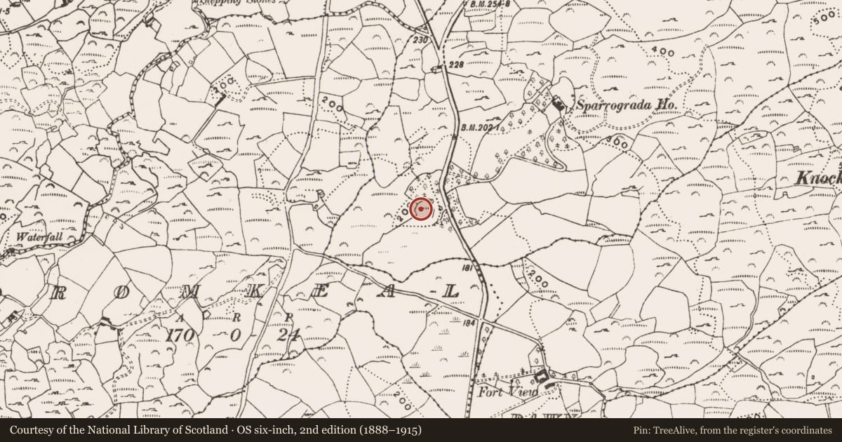Ordnance Survey six-inch map, 2nd edition (1888–1915) covering the location of Souterrain, Sparrograda, County Cork, with a pin at the register's coordinates