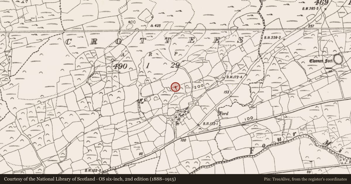 Ordnance Survey six-inch map, 2nd edition (1888–1915) covering the location of Standing stone, Crottees, County Cork, with a pin at the register's coordinates