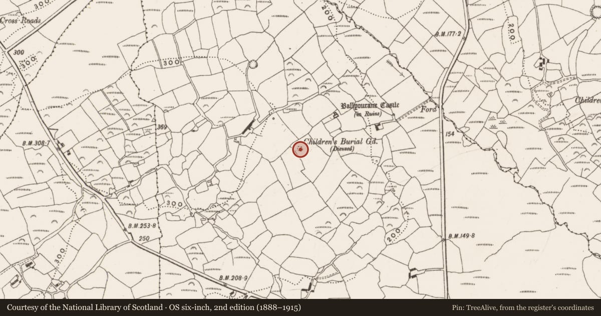 Ordnance Survey six-inch map, 2nd edition (1888–1915) covering the location of Burial ground, Ballyourane, County Cork, with a pin at the register's coordinates