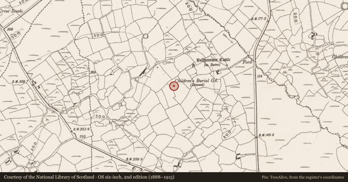Ordnance Survey six-inch map, 2nd edition (1888–1915) covering the location of Sweathouse, Ballyourane, County Cork, with a pin at the register's coordinates